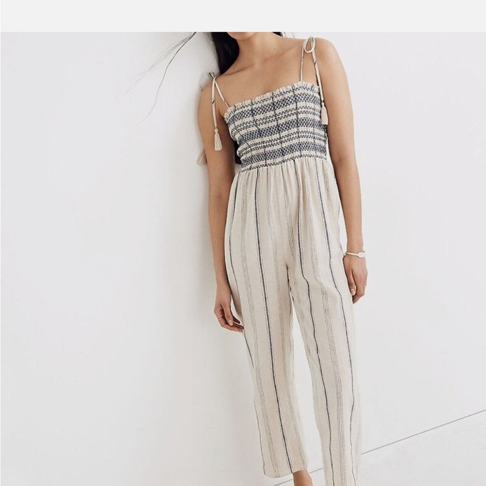Madewell Cream and Navy Striped Smocked Jumpsuit